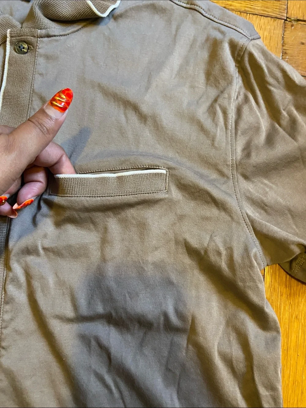 Banana Republic Taupe Short-Sleeve Button-Down with White Piping
